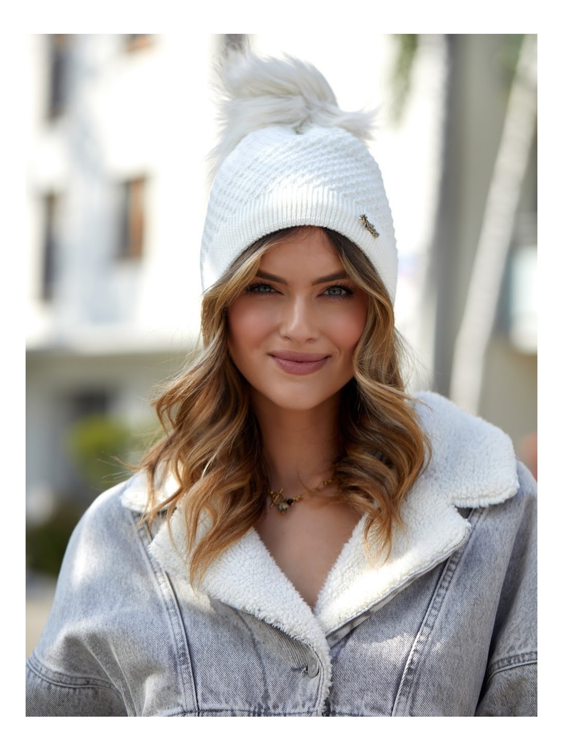 Cream hat with silver thread for winter C16 - Online store - Boutique